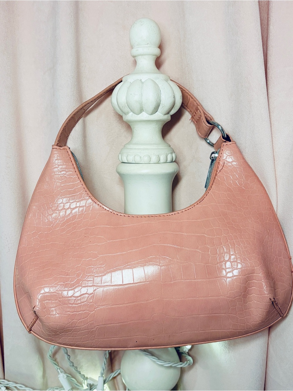 Classic Croc-Embossed Shoulder Bag in Blush Pink